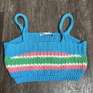 NWT Zara Crochet Crop Top L Blue Green Pink Stripe Sweater Knit